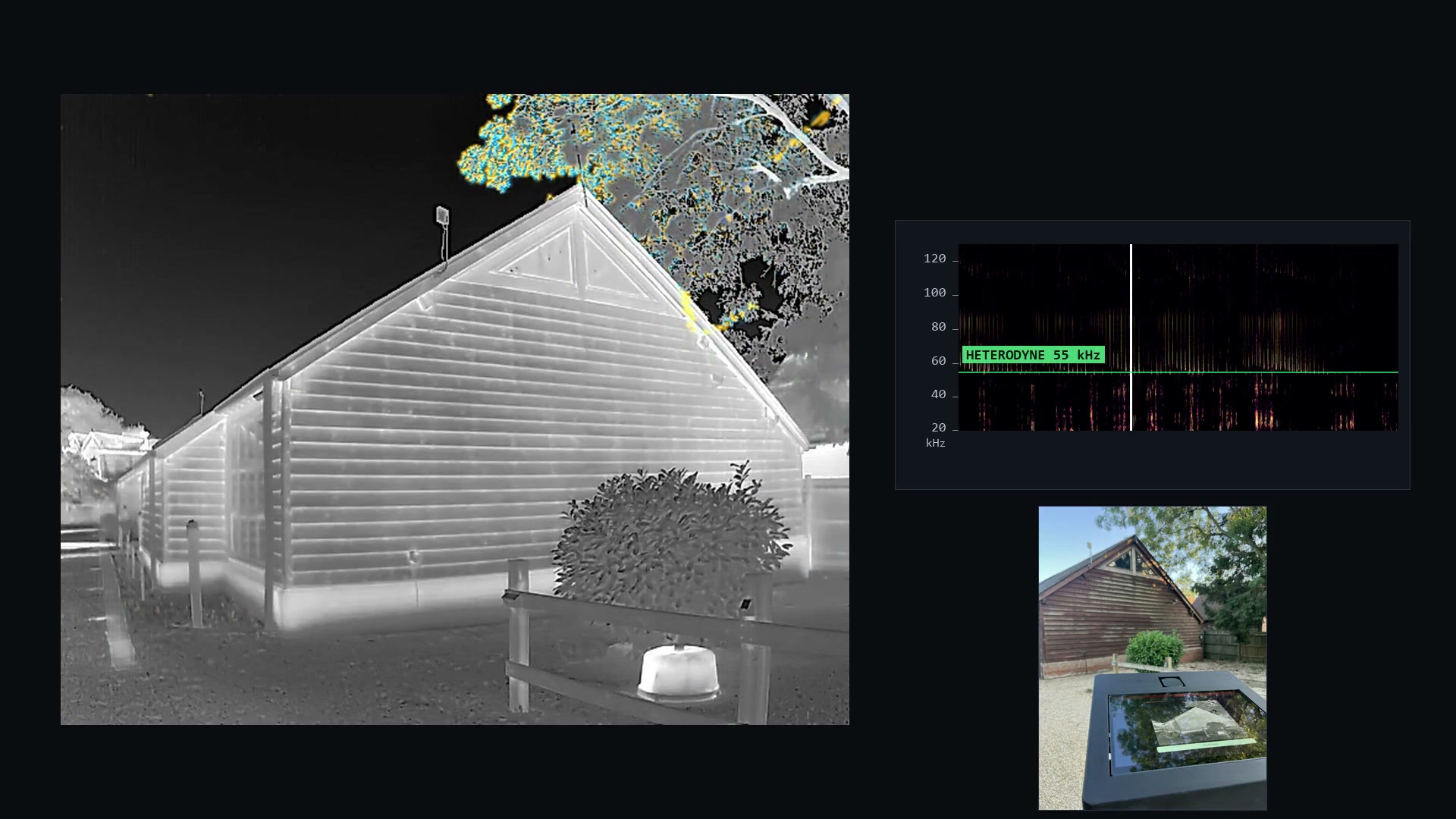 DarkFlight thermal footage with the rolling ultrasonic sonogram below it.