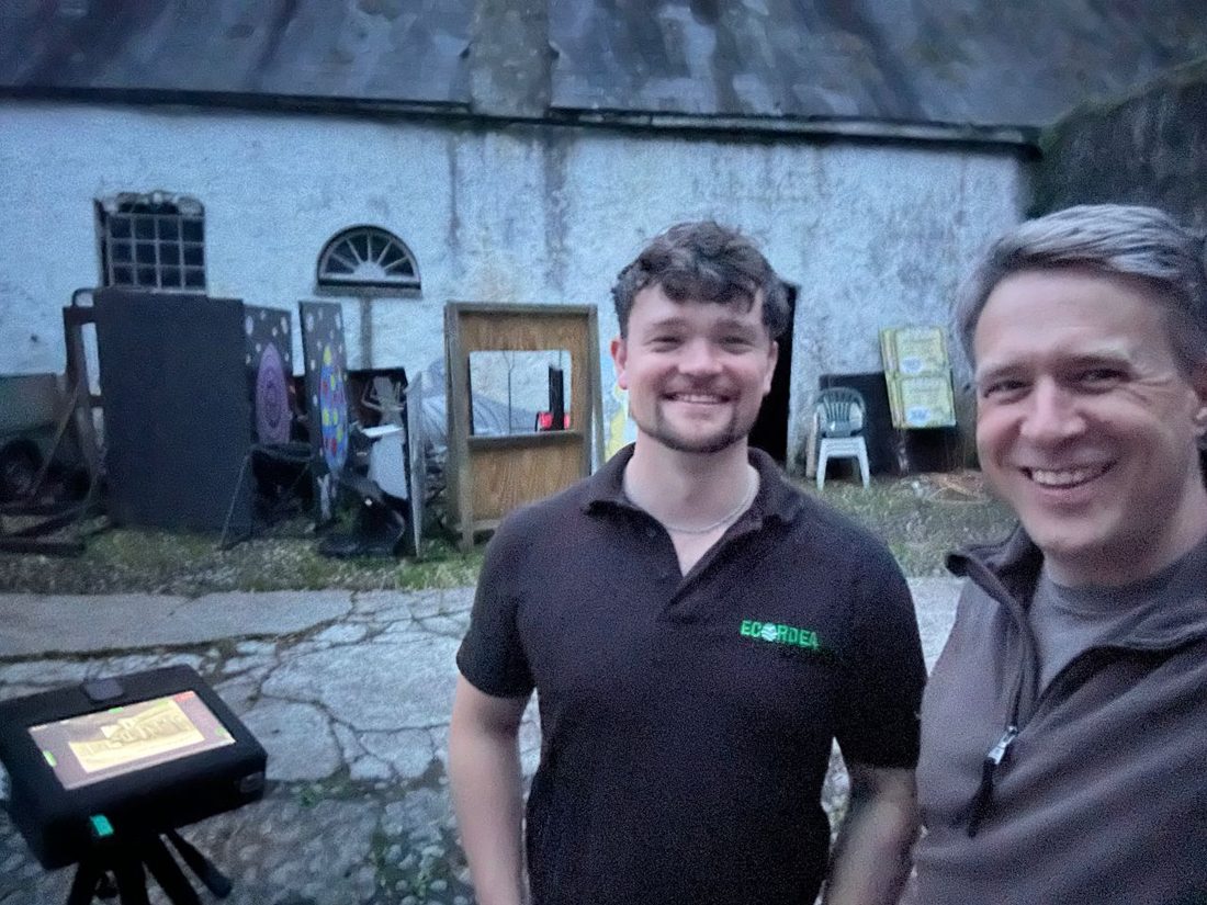 Bat ecologist Richard Crompton with Ecordea’s Jethro at a dusk bat survey at Fonmon Castle, a DarkFlight unit on a tripod alongside