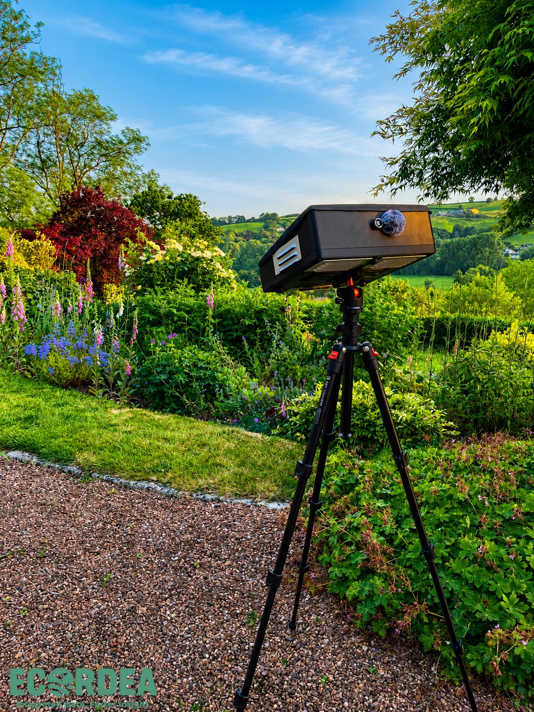 DarkFlight deployed on a tripod in a garden at dusk, overlooking rolling countryside